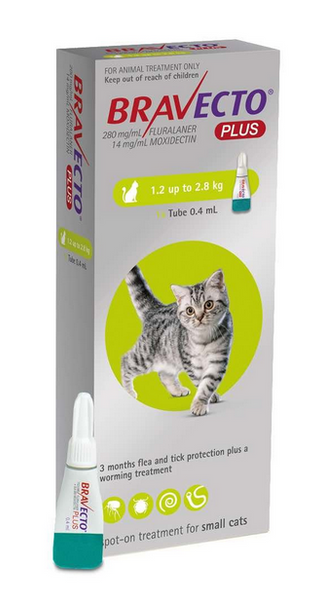 Bravecto PLUS Topical Solution for Small Cats (Green) 1.2-2.8 kg (2.6-6.2 lbs) - No Rx required